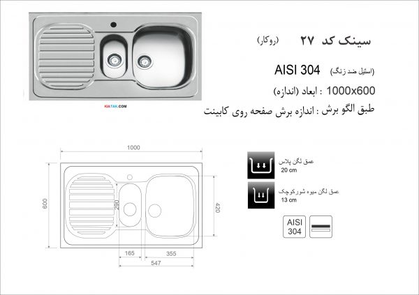 سینک ظرفشویی روکار کد 27 اخوان KIATAK.COM